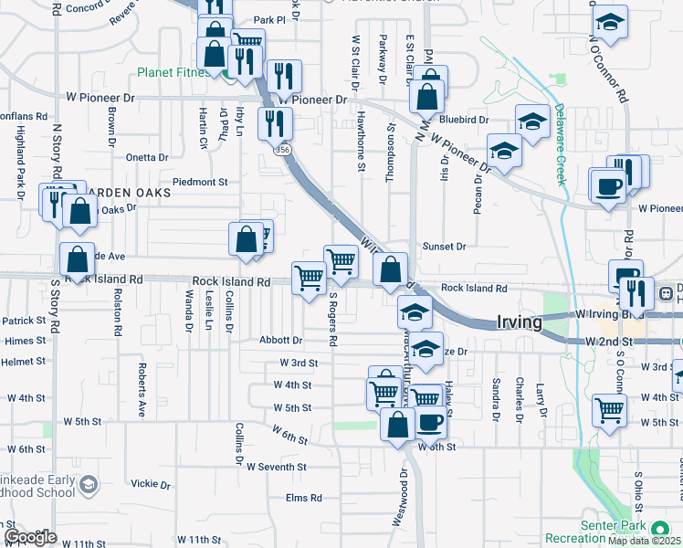 map of restaurants, bars, coffee shops, grocery stores, and more near 120 North Rogers Road in Irving