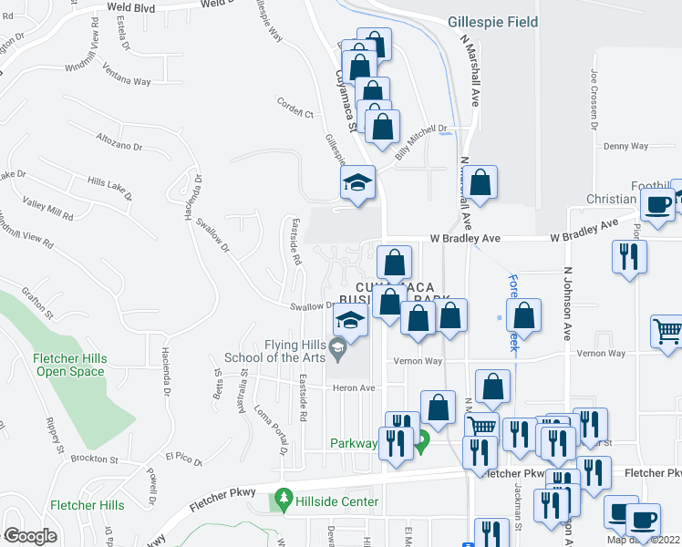 map of restaurants, bars, coffee shops, grocery stores, and more near 1462 Robin Lane in El Cajon
