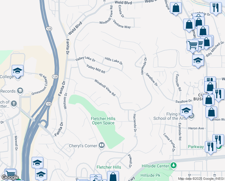 map of restaurants, bars, coffee shops, grocery stores, and more near 2128 Windmill View Road in El Cajon