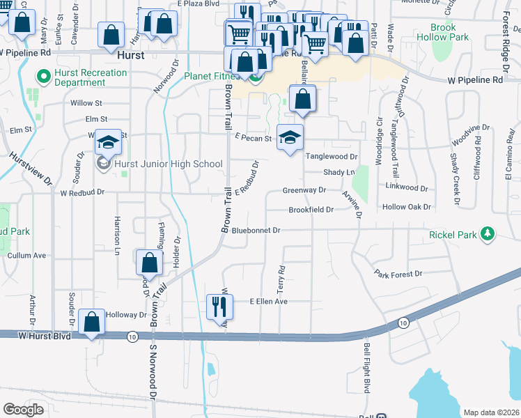 map of restaurants, bars, coffee shops, grocery stores, and more near 445 Michael Boulevard in Hurst