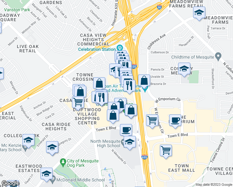 map of restaurants, bars, coffee shops, grocery stores, and more near 3753 Towne Crossing Boulevard in Mesquite