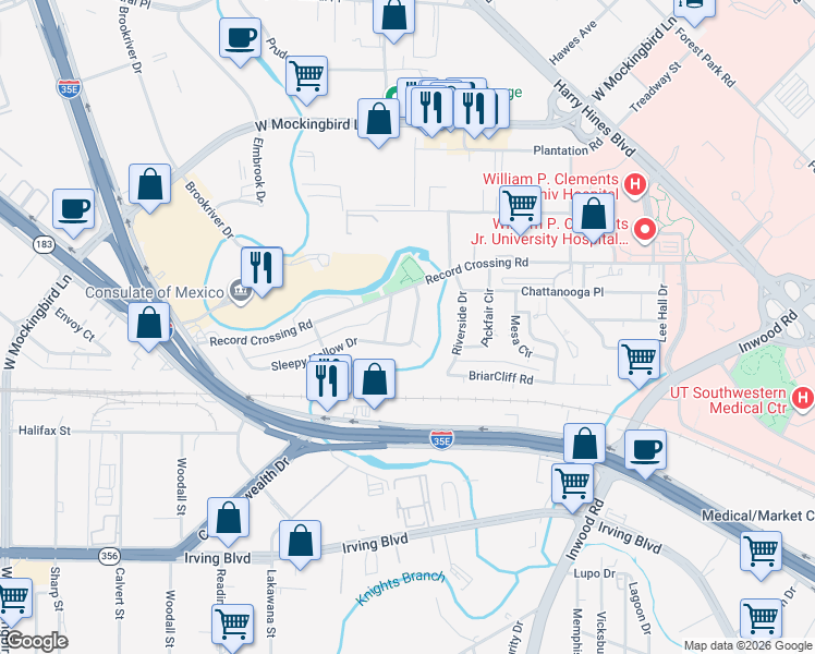 map of restaurants, bars, coffee shops, grocery stores, and more near 5615 Van Winkle Boulevard in Dallas