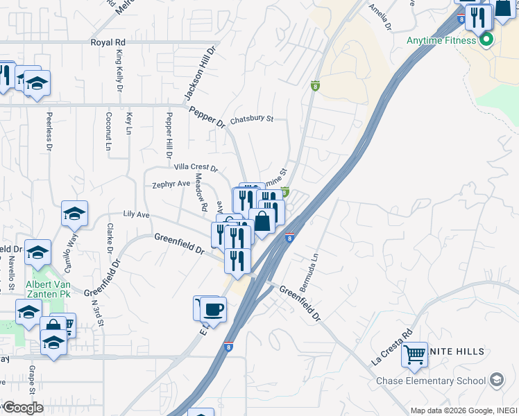 map of restaurants, bars, coffee shops, grocery stores, and more near 1756 Pepper Drive in El Cajon