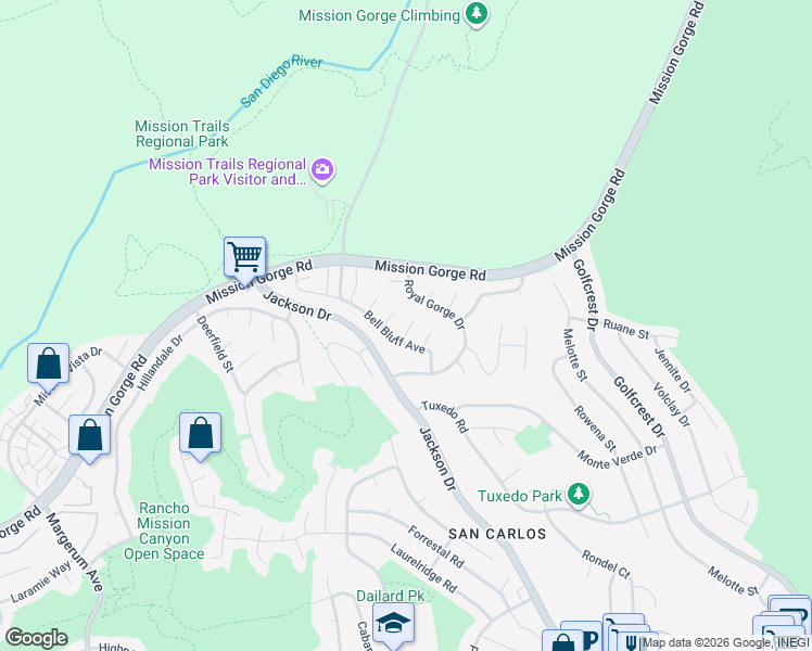 map of restaurants, bars, coffee shops, grocery stores, and more near 6638 Bell Bluff Avenue in San Diego