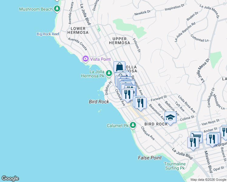 map of restaurants, bars, coffee shops, grocery stores, and more near 322 Bird Rock Avenue in San Diego