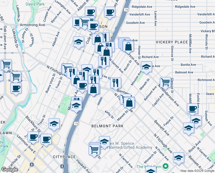 map of restaurants, bars, coffee shops, grocery stores, and more near 2820 North Fitzhugh Avenue in Dallas