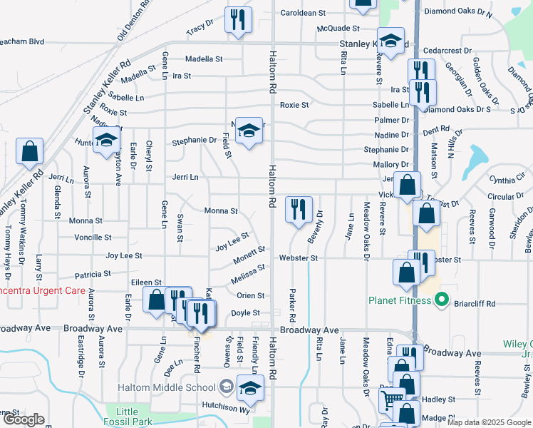 map of restaurants, bars, coffee shops, grocery stores, and more near 3533 Haltom Rd in Haltom City