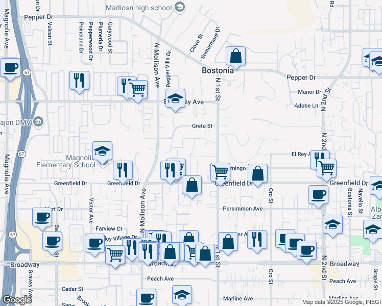 map of restaurants, bars, coffee shops, grocery stores, and more near 1855 Diamond Lane in El Cajon
