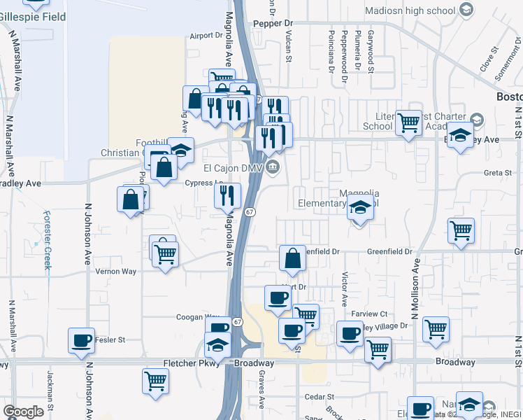 map of restaurants, bars, coffee shops, grocery stores, and more near 1423 Graves Avenue in El Cajon