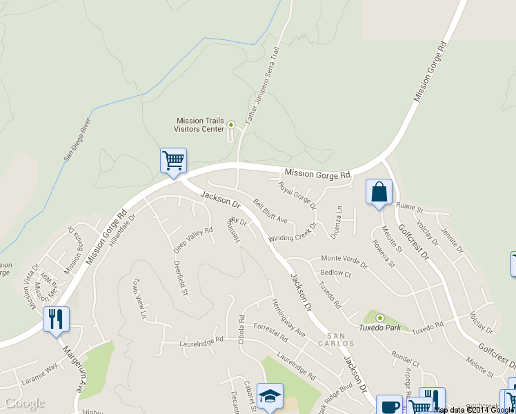 map of restaurants, bars, coffee shops, grocery stores, and more near 6569 Bell Bluff Avenue in San Diego