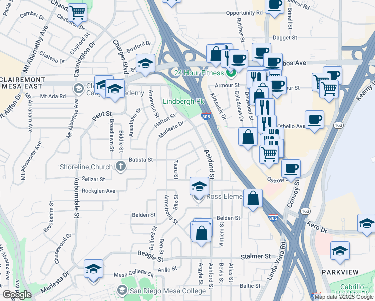 map of restaurants, bars, coffee shops, grocery stores, and more near 7460 Batista Street in San Diego
