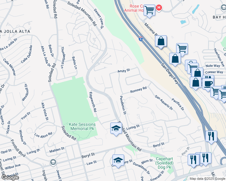 map of restaurants, bars, coffee shops, grocery stores, and more near 5259 Middleton Road in San Diego