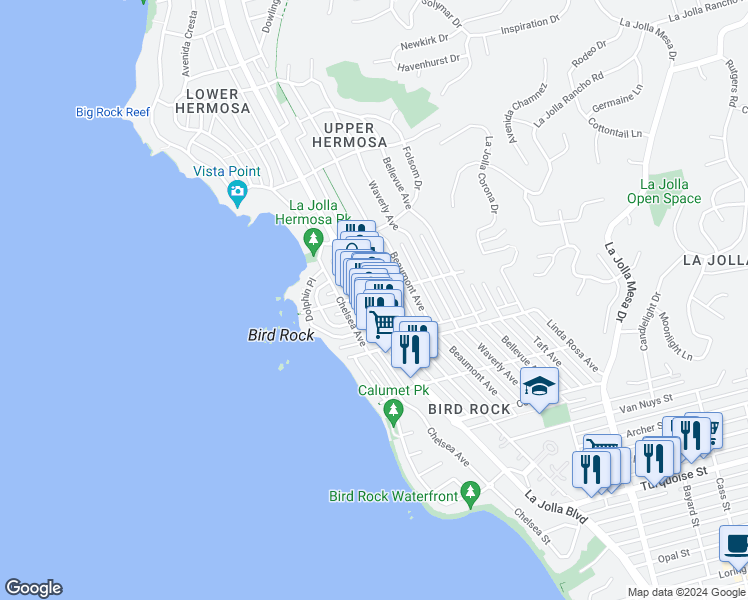map of restaurants, bars, coffee shops, grocery stores, and more near in San Diego