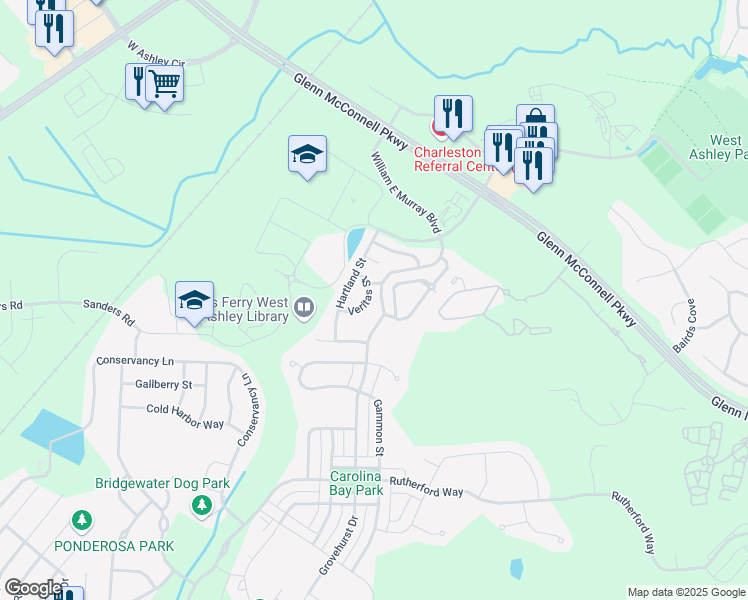 map of restaurants, bars, coffee shops, grocery stores, and more near 4153 Perrine Street in Charleston