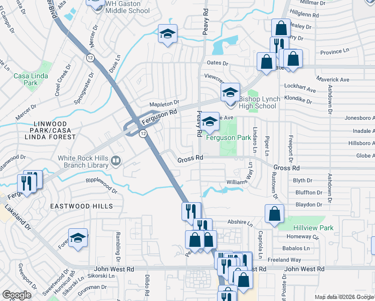 map of restaurants, bars, coffee shops, grocery stores, and more near 2795 Beechmont Drive in Dallas