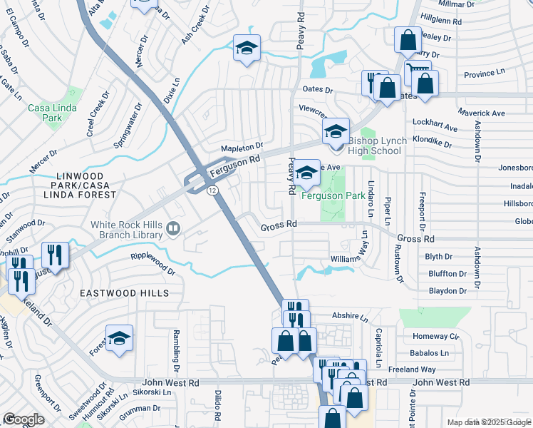 map of restaurants, bars, coffee shops, grocery stores, and more near 2795 Beechmont Drive in Dallas