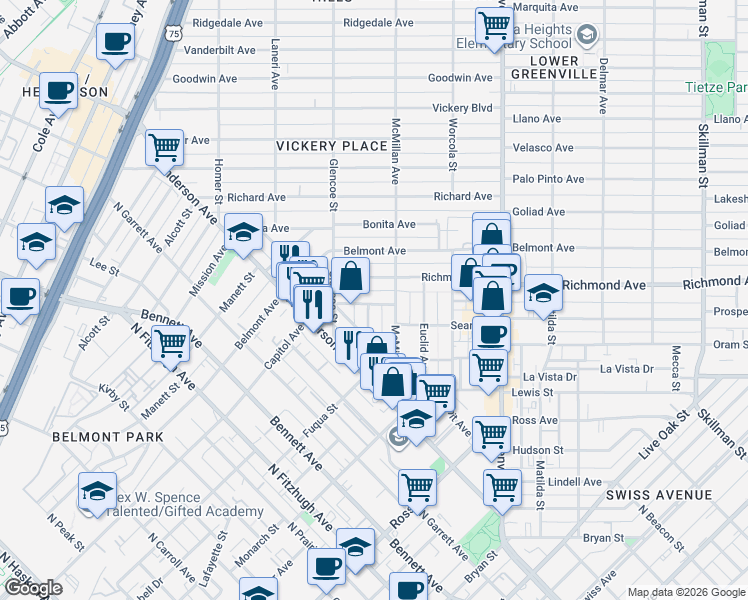 map of restaurants, bars, coffee shops, grocery stores, and more near 5443 Melrose Avenue in Dallas