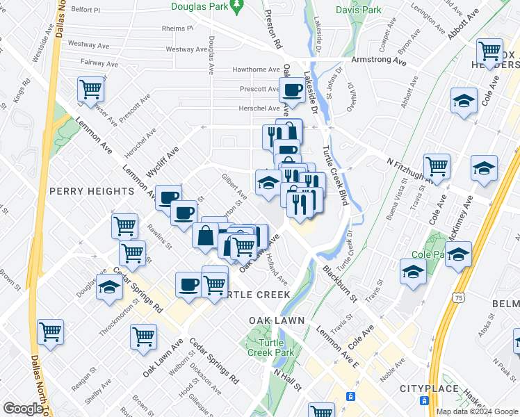 map of restaurants, bars, coffee shops, grocery stores, and more near 3905 Gilbert Avenue in Dallas