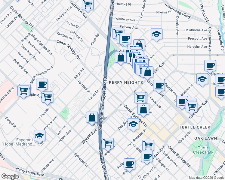 map of restaurants, bars, coffee shops, grocery stores, and more near 4407 Vandelia Street in Dallas