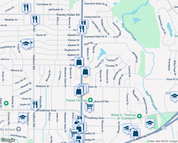 map of restaurants, bars, coffee shops, grocery stores, and more near 5634 Tourist Drive in Fort Worth