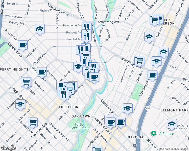 map of restaurants, bars, coffee shops, grocery stores, and more near 3878 Oak Lawn Avenue in Dallas