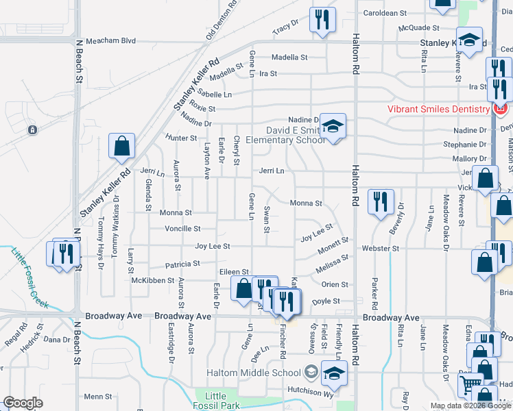 map of restaurants, bars, coffee shops, grocery stores, and more near 3616 Gene Lane in Fort Worth