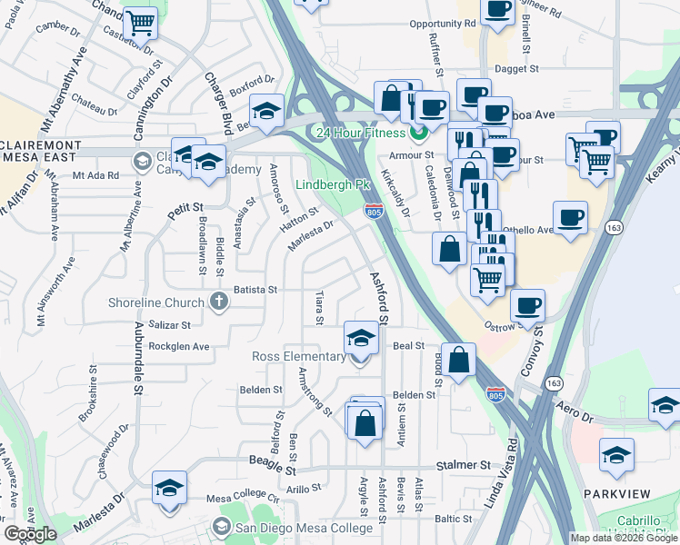 map of restaurants, bars, coffee shops, grocery stores, and more near 7460 Batista Street in San Diego