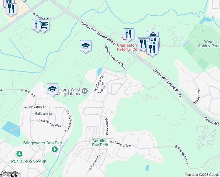 map of restaurants, bars, coffee shops, grocery stores, and more near 4153 Perrine Street in Charleston