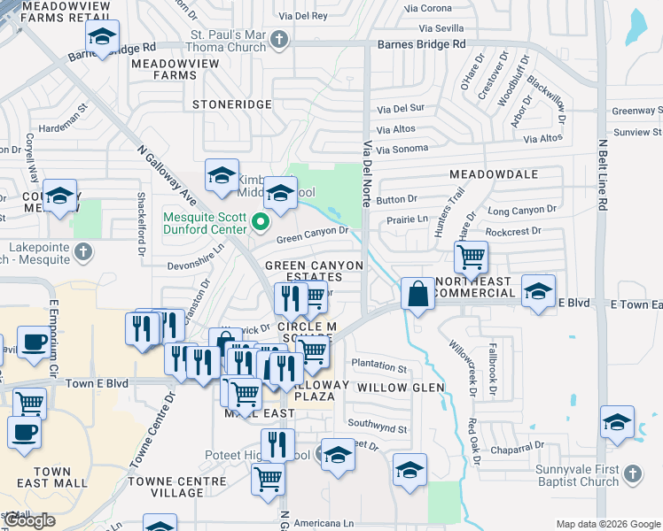 map of restaurants, bars, coffee shops, grocery stores, and more near 827 Meandering Way in Mesquite