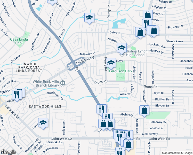 map of restaurants, bars, coffee shops, grocery stores, and more near 2795 Beechmont Drive in Dallas