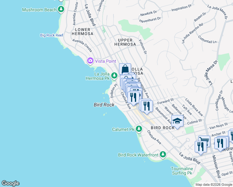 map of restaurants, bars, coffee shops, grocery stores, and more near 5714 Abalone Place in San Diego