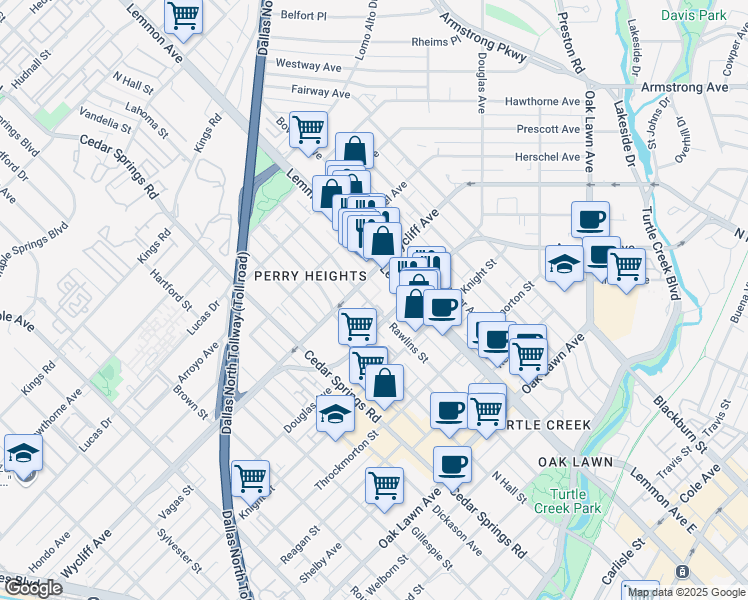 map of restaurants, bars, coffee shops, grocery stores, and more near 4222 Rawlins Street in Dallas