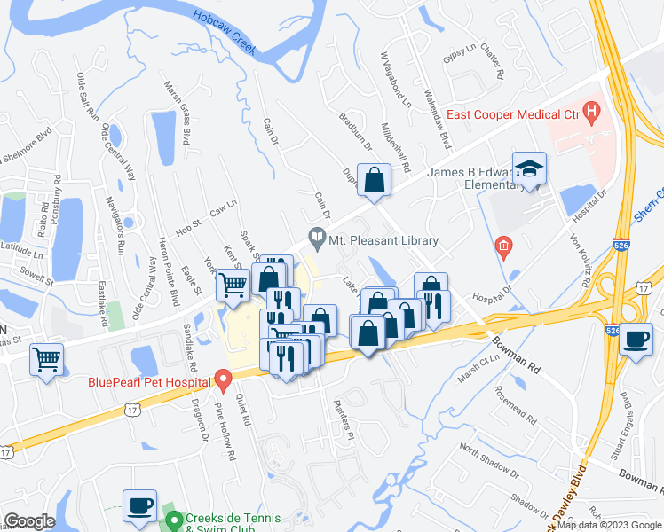 map of restaurants, bars, coffee shops, grocery stores, and more near 708 Natchez Circle in Mount Pleasant