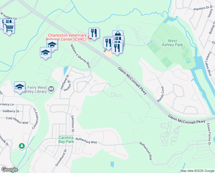 map of restaurants, bars, coffee shops, grocery stores, and more near 100 Lochaven Drive in Charleston