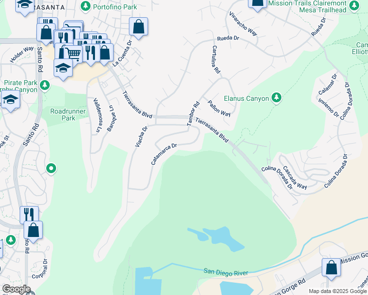 map of restaurants, bars, coffee shops, grocery stores, and more near 3947 Catamarca Drive in San Diego