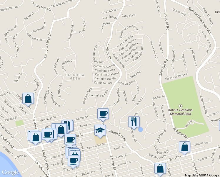 map of restaurants, bars, coffee shops, grocery stores, and more near 1394 Caminito Balada in San Diego