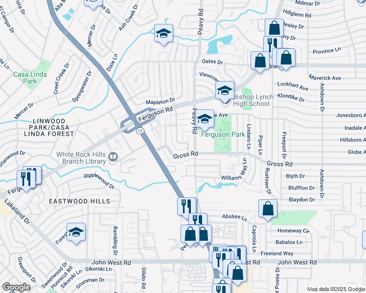 map of restaurants, bars, coffee shops, grocery stores, and more near 2795 Beechmont Drive in Dallas