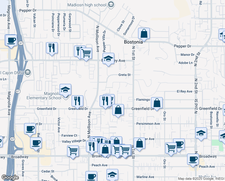 map of restaurants, bars, coffee shops, grocery stores, and more near 1514 Cajon Greens Place in El Cajon