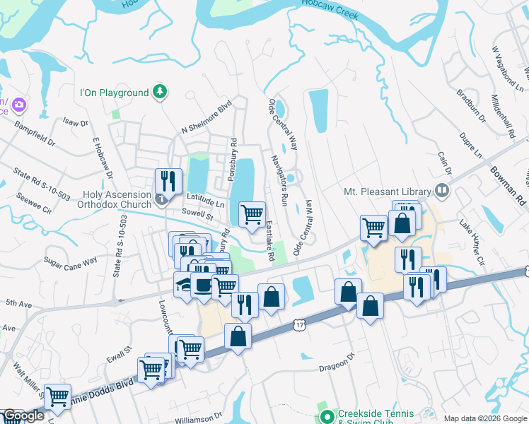 map of restaurants, bars, coffee shops, grocery stores, and more near 13 Boathouse Close in Mount Pleasant