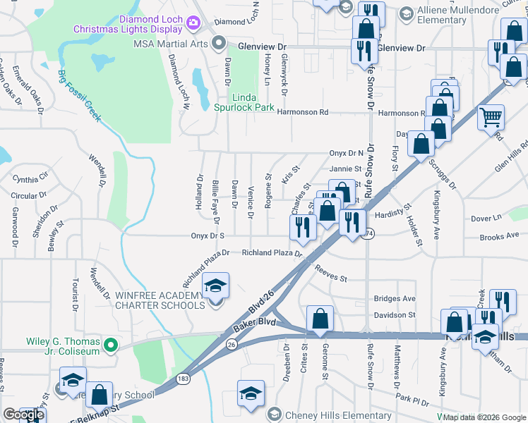 map of restaurants, bars, coffee shops, grocery stores, and more near 3635 Rogene Street in North Richland Hills
