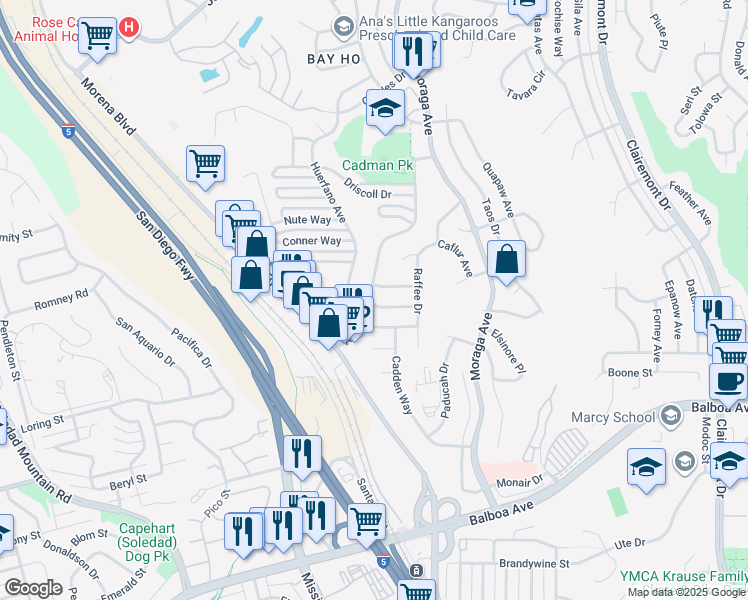 map of restaurants, bars, coffee shops, grocery stores, and more near 3204 North Star Drive in San Diego