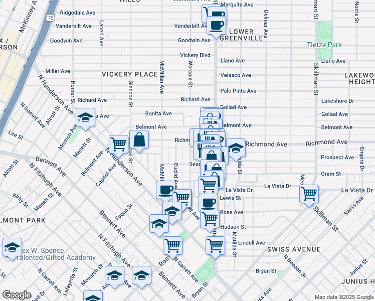 map of restaurants, bars, coffee shops, grocery stores, and more near 2025 Summit Avenue in Dallas