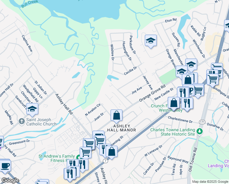 map of restaurants, bars, coffee shops, grocery stores, and more near 1764 Orange Grove Shores Drive in Charleston