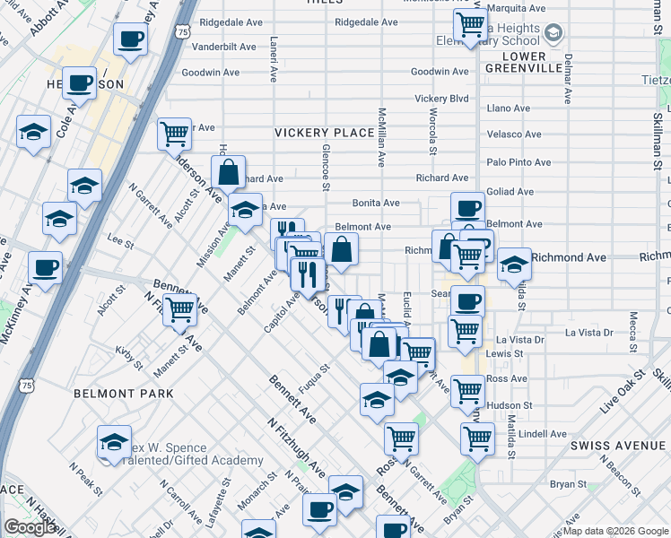 map of restaurants, bars, coffee shops, grocery stores, and more near 5409 Melrose Avenue in Dallas