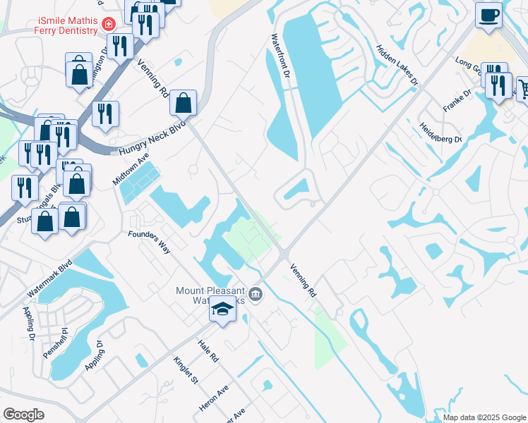 map of restaurants, bars, coffee shops, grocery stores, and more near 1334 Venning Road in Mount Pleasant
