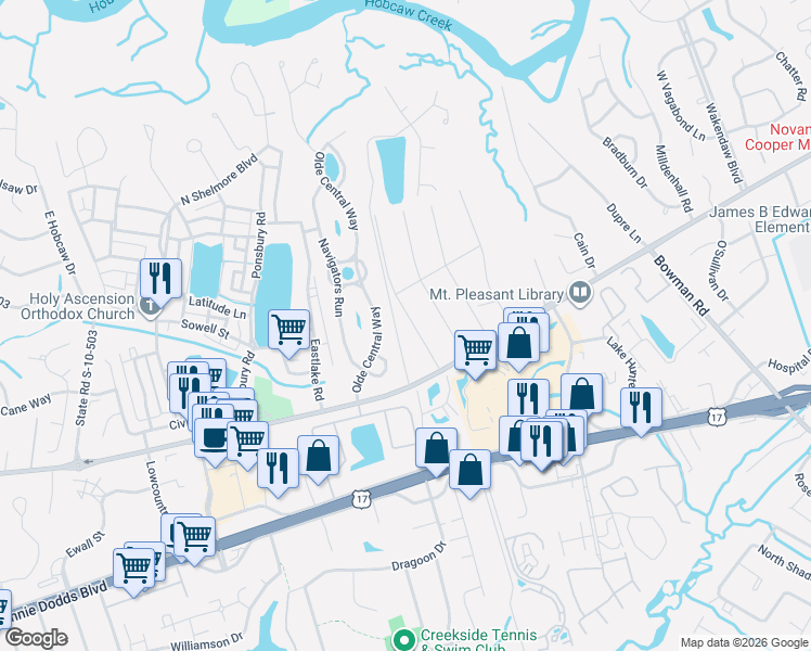 map of restaurants, bars, coffee shops, grocery stores, and more near 720 Eagle Street in Mount Pleasant