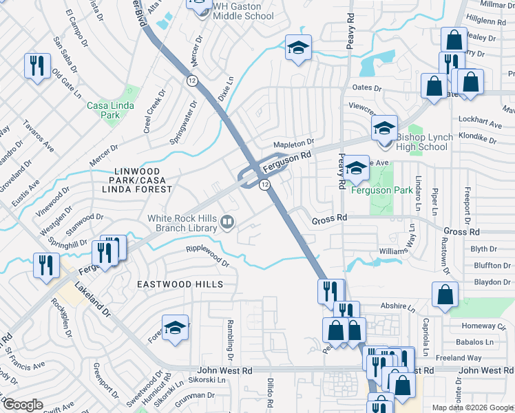 map of restaurants, bars, coffee shops, grocery stores, and more near 9405 Beck Avenue in Dallas