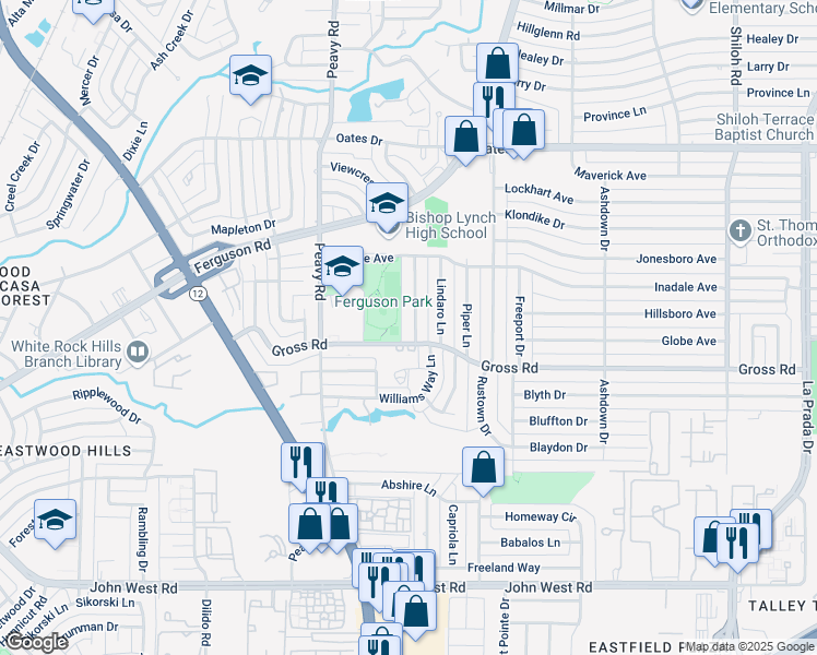 map of restaurants, bars, coffee shops, grocery stores, and more near 8915 Sorrento Street in Dallas