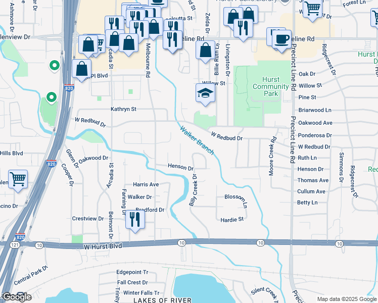 map of restaurants, bars, coffee shops, grocery stores, and more near 432 Billy Creek Cir in Hurst
