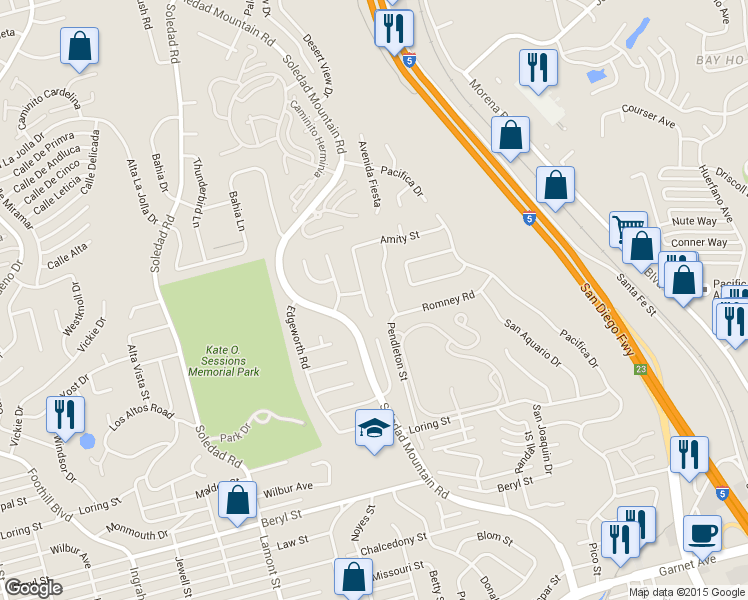 map of restaurants, bars, coffee shops, grocery stores, and more near 5259 Middleton Road in San Diego